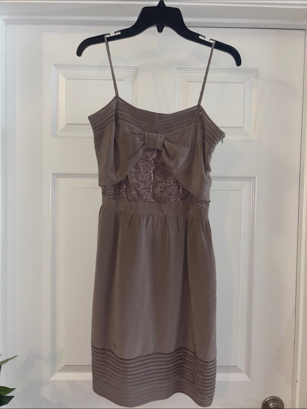 Taupe Lace-Accent Mini Dress with Bow Detail